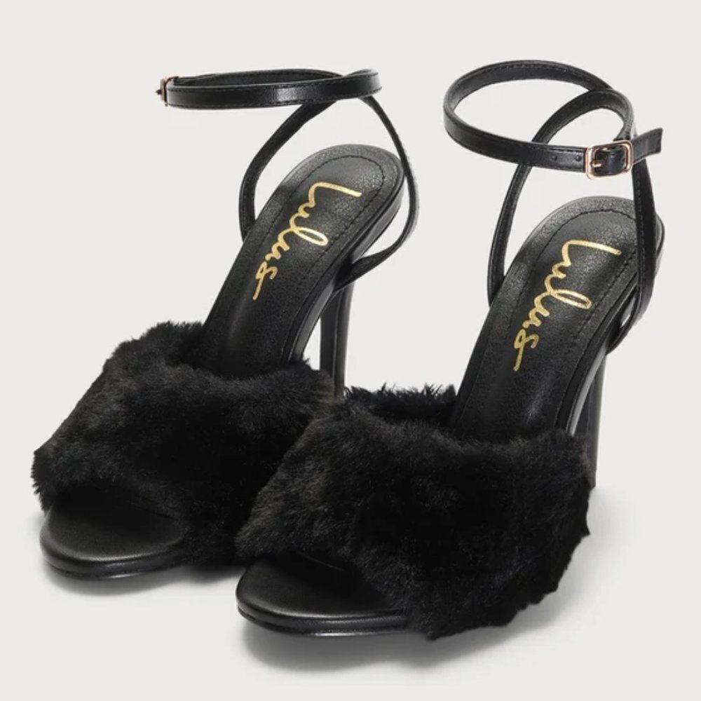 Lulus Women's Faux Fur Ankle Strap High‎ Heel Sandals Cocktail Black Size 7.5